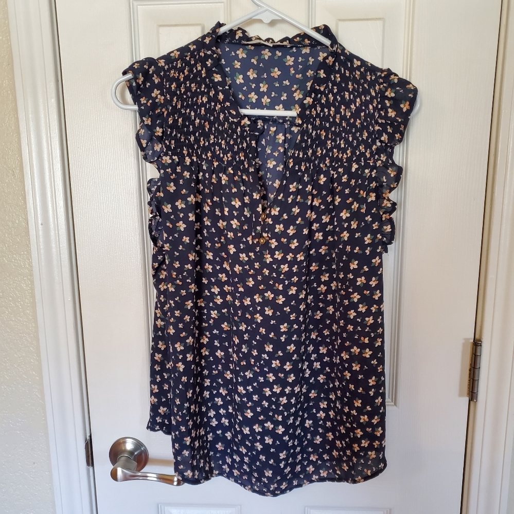 LOFT Navy Floral Blouse